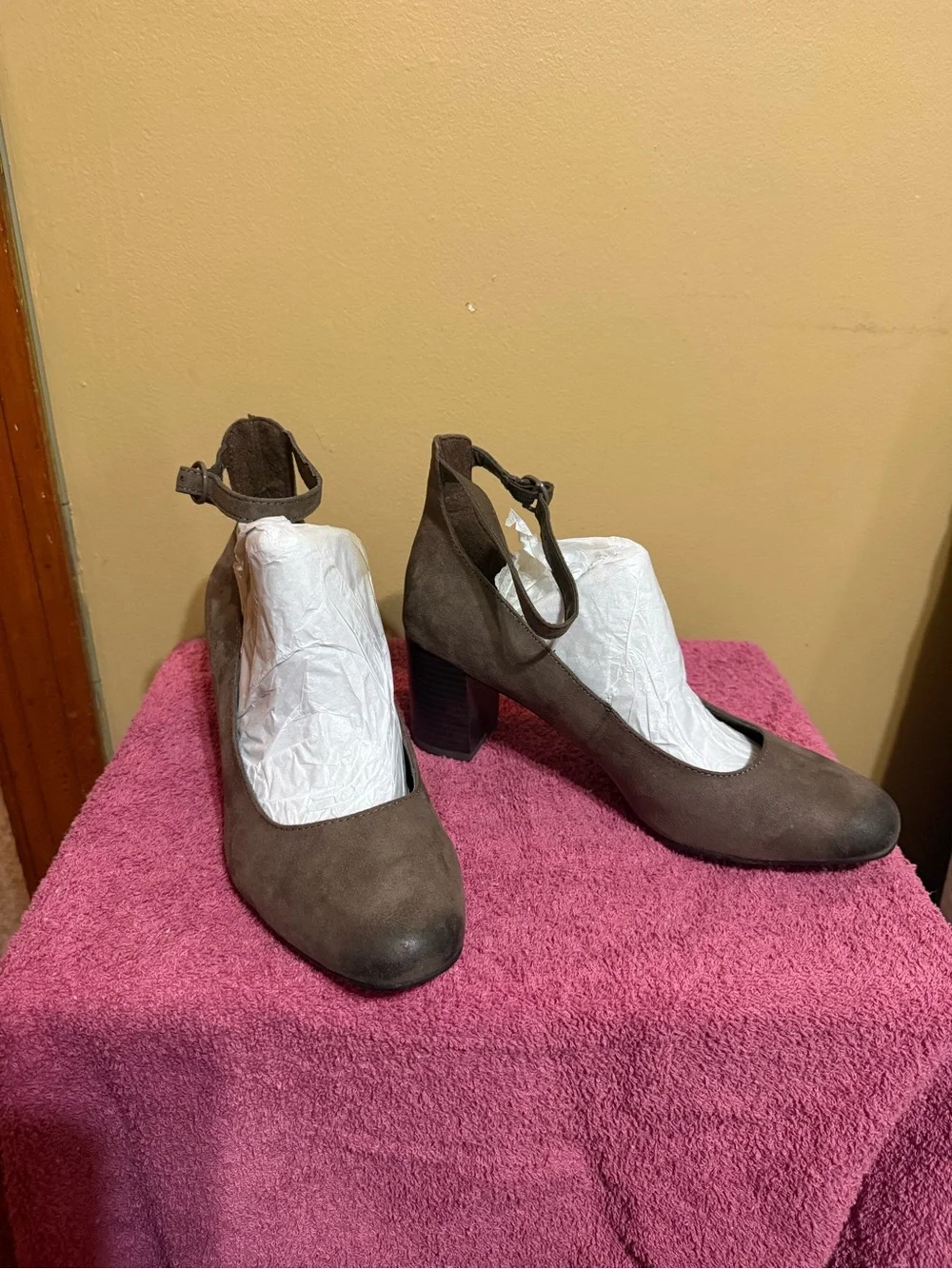 Classic Taupe Suede Block Heel Pumps with Ankle Strap